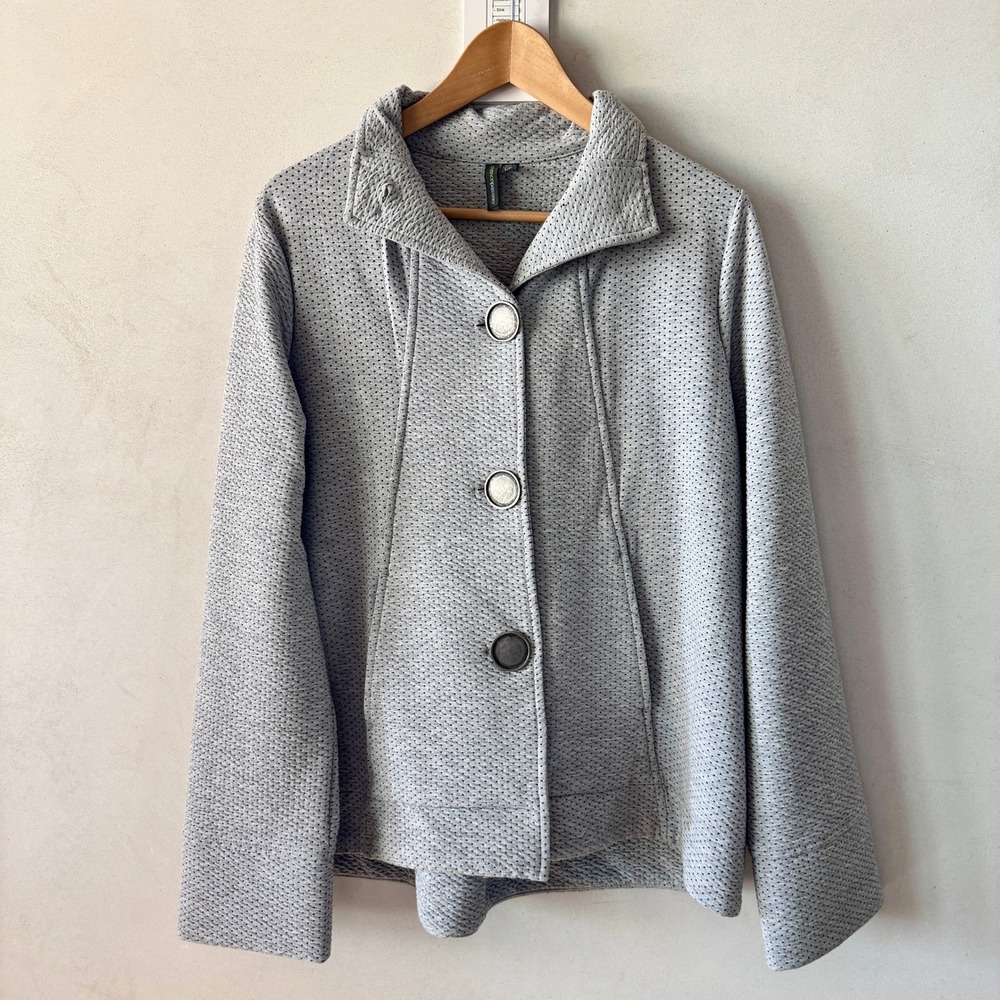 Shannon Passero Polka Dot Swing Knit Jacket S Gray Lagenlook Stretch Art to Wear